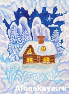 House in snow frame, painting